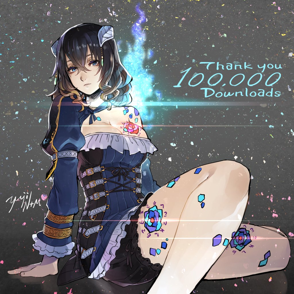 1girl black_hair bloodstained:_ritual_of_the_night blue_eyes breasts brown_hair detached_sleeves english_text gradient_hair hair_between_eyes hair_ornament looking_at_viewer miriam_(bloodstained) multicolored_hair natsume_yuji official_art pale_skin short_hair simple_background solo stained_glass tattoo