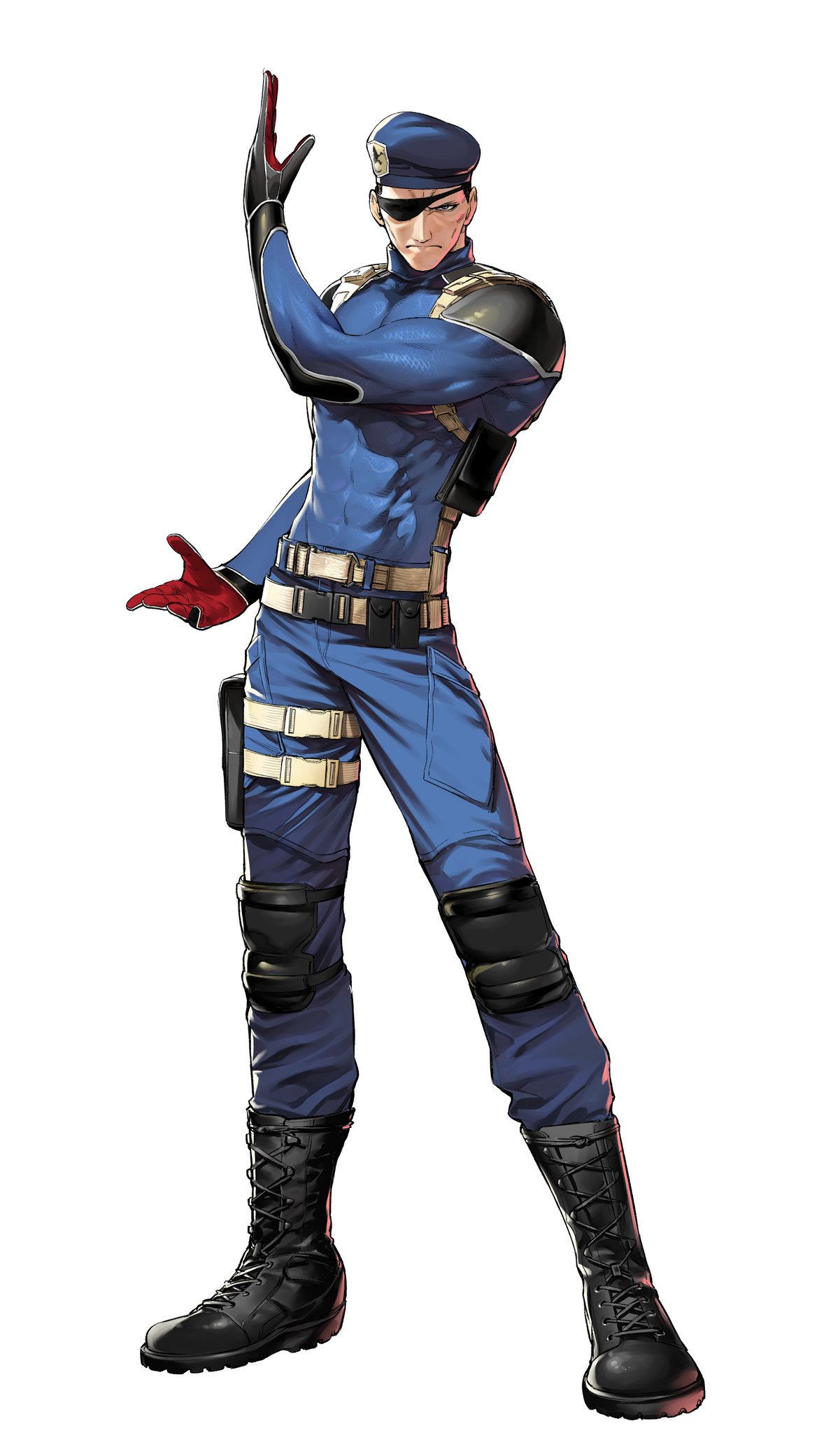 1boy azuma_kyoutarou_(artist) beret boots eyepatch full_body gloves hat heidern highres knee_pads male_focus military military_uniform official_art snk solo the_king_of_fighters the_king_of_fighters_xiv uniform