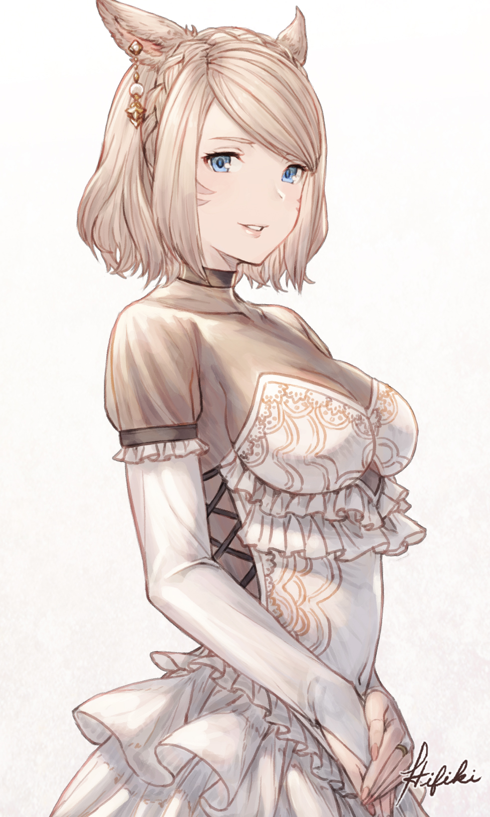 1girl animal_ears bangs blonde_hair breasts bridal_gauntlets cat_ears commission cowboy_shot earrings facial_mark final_fantasy final_fantasy_xiv from_side highres ivris jewelry medium_breasts miqo'te short_hair skeb_commission solo swept_bangs whisker_markings white_background