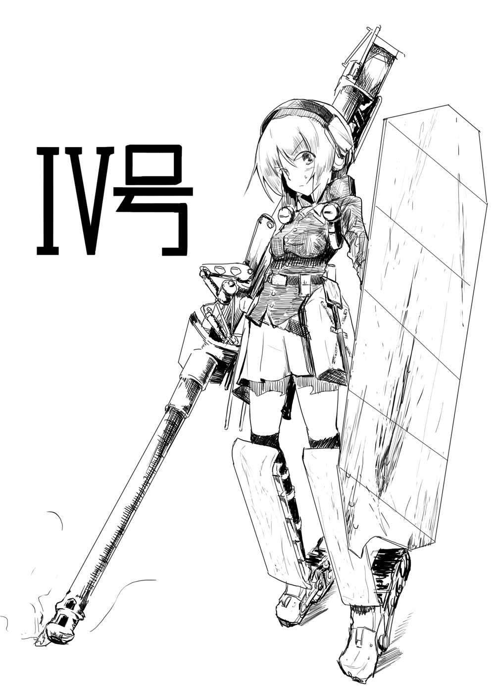 1girl bangs belt cannon caterpillar_tracks closed_mouth commentary full_body gas_tank girls_und_panzer greaves greyscale ground_vehicle gun head_tilt headphones highres holding holding_weapon jacket jinguu_(4839ms) long_sleeves looking_at_viewer mecha_musume military military_uniform military_vehicle miniskirt monochrome motor_vehicle nishizumi_miho ooarai_military_uniform panzerkampfwagen_iv pleated_skirt shield short_hair shovel sketch skirt smile smoke solo standing sweatdrop tank thigh-highs translated uniform v-shaped_eyebrows weapon
