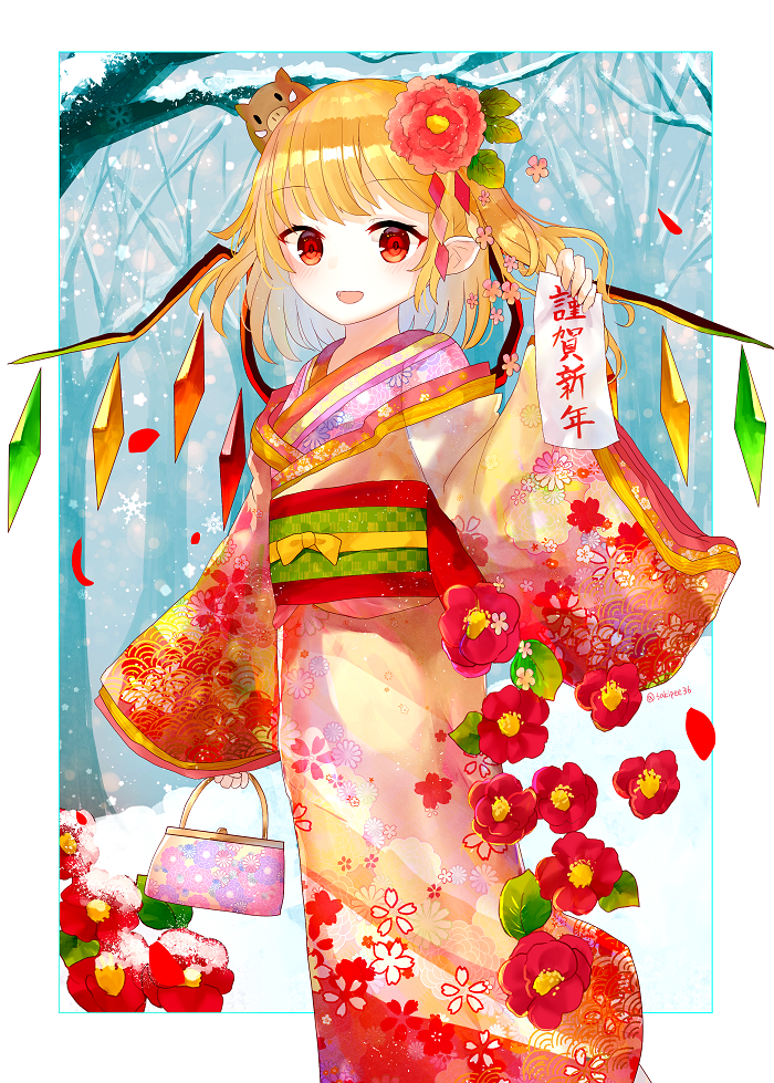 1girl alternate_costume animal animal_on_head arm_up bag bangs bare_tree blonde_hair boar camellia crystal day fang feet_out_of_frame flandre_scarlet floral_print flower forest hair_ornament handbag happy_new_year holding holding_handbag holding_paper japanese_clothes kimono layered_clothing layered_kimono long_sleeves looking_at_viewer nature nengajou new_year obi on_head open_mouth outdoors paper pointy_ears print_kimono red_eyes sakipsakip sash seigaiha short_hair side_ponytail sleeves_past_wrists snowing solo standing touhou translated tree twitter_username wide_sleeves wings
