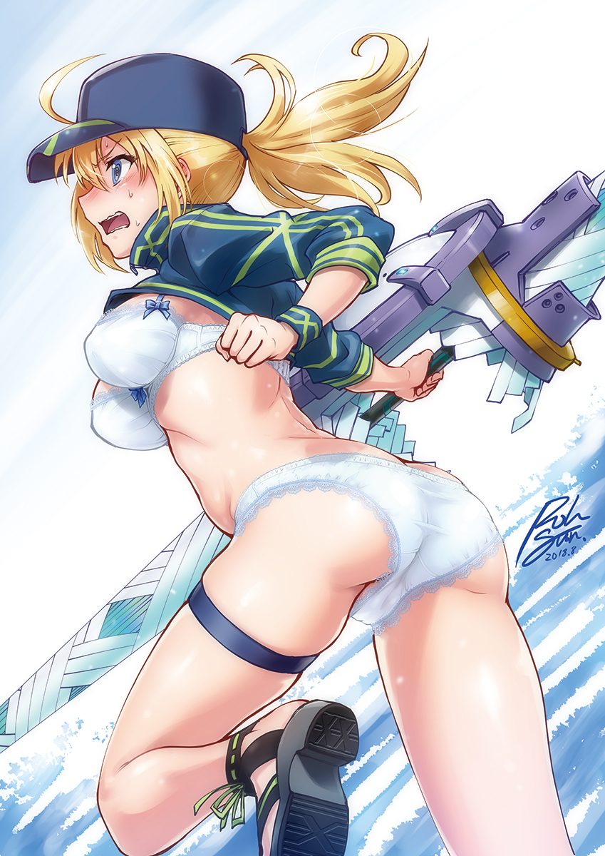 1girl ahoge artoria_pendragon_(all) ass baseball_cap blonde_hair blue_eyes blue_jacket bra breasts cowboy_shot cropped_jacket embarrassed fate/grand_order fate_(series) hair_through_headwear hat highres jacket leaning_forward long_hair medium_breasts mysterious_heroine_xx_(foreigner) open_mouth open_toe_shoes panties ponytail rohgun running shrug_(clothing) signature solo sword thighs twinmyniad underwear underwear_only wavy_mouth weapon white_bra white_panties