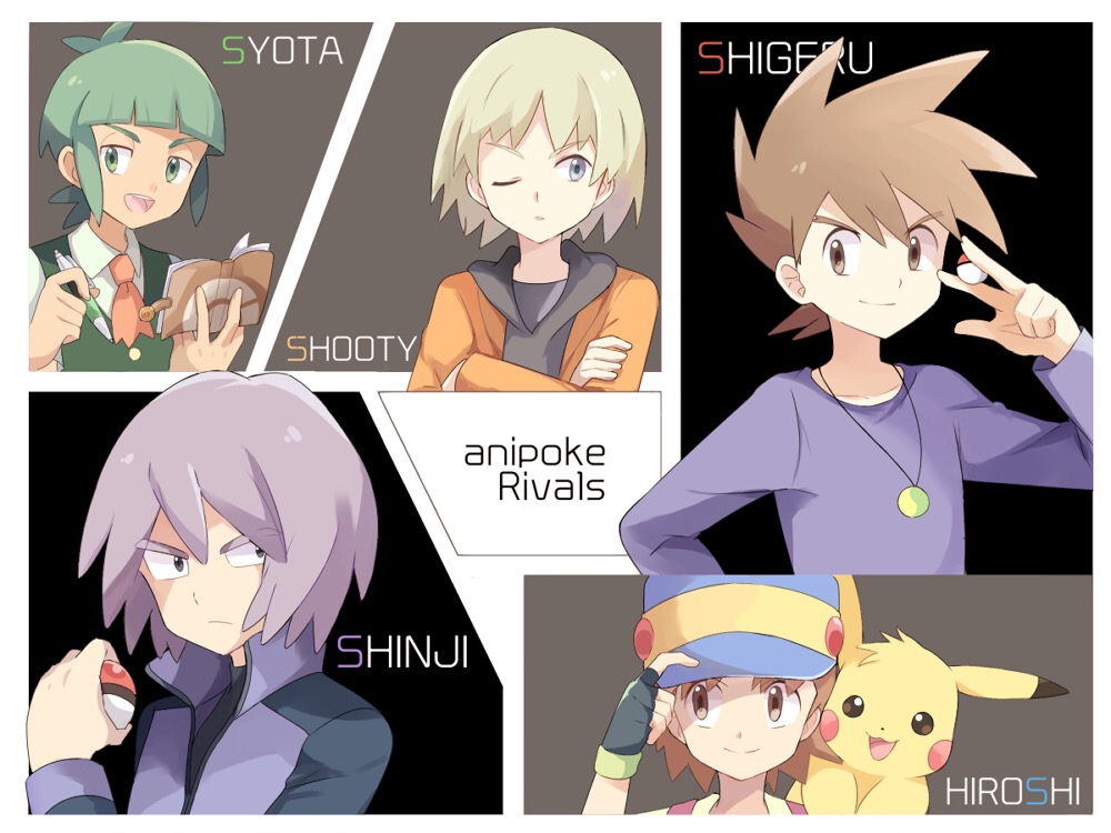 5boys :3 adjusting_headwear bangs black_eyes black_shirt blonde_hair blue_headwear blue_shirt blunt_bangs blush_stickers book border brown_eyes brown_hair character_name closed_mouth collarbone crossed_arms english_text eyebrows_visible_through_hair fingerless_gloves gen_1_pokemon gloves green_eyes green_gloves green_shirt green_vest grey_eyes hair_between_eyes half-closed_eyes hand_up hands_up happy hat hiroshi_(pokemon) holding holding_poke_ball hood hoodie jacket jewelry jpeg_artifacts leon_(pokemon) long_sleeves looking_to_the_side male_focus mei_(maysroom) multiple_boys necklace necktie one_eye_closed open_book open_mouth orange_sweater pen pikachu poke_ball poke_ball_(generic) poke_ball_symbol poke_ball_theme pokemon pokemon_(anime) pokemon_(classic_anime) pokemon_(creature) pokemon_bw_(anime) pokemon_dppt_(anime) pokemon_m20 pokemon_on_shoulder purple_hair purple_jacket red_neckwear romaji_text shinji_(pokemon) shirt shooty_(pokemon) short_hair smile souji_(pokemon) sweater teeth text_focus upper_body vest w white_border