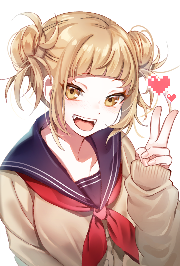 1girl :d bangs blonde_hair blue_sailor_collar blunt_bangs boku_no_hero_academia brown_eyes brown_sweater collarbone double_bun heart long_sleeves looking_at_viewer neckerchief open_mouth popupi red_neckwear sailor_collar shiny shiny_hair sidelocks simple_background smile solo sweater toga_himiko upper_body v white_background
