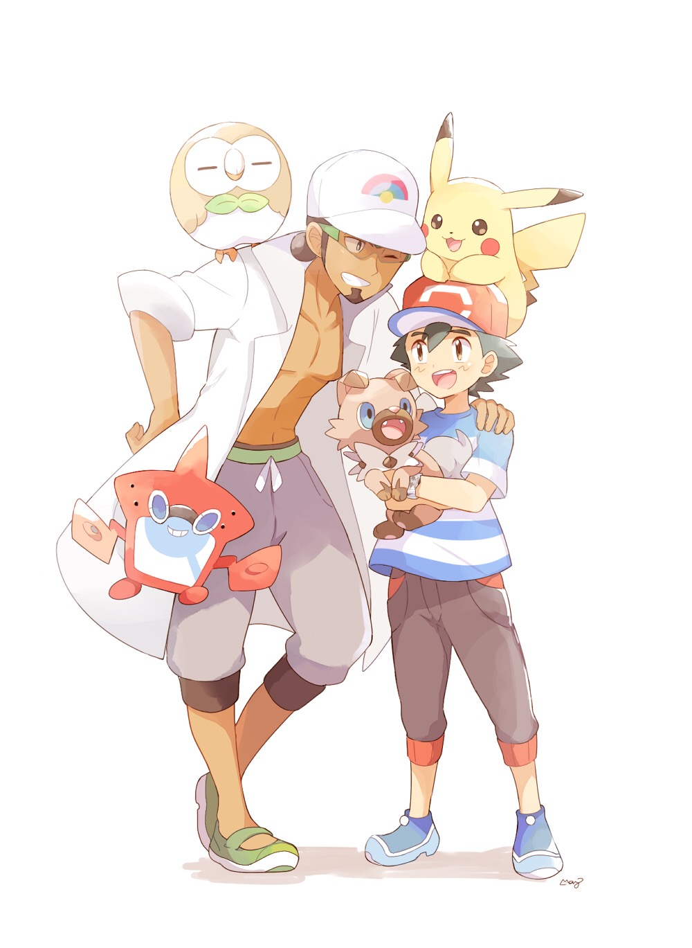 :3 artist_name bangs baseball_cap beard black_eyes black_hair blue_eyes blush_stickers bracelet brown_eyes brown_hair closed_eyes collarbone dark_skin dark_skinned_male eye_contact eyebrows_visible_through_hair facial_hair fangs full_body gen_1_pokemon gen_7_pokemon green_footwear grey_pants grin hand_on_another's_shoulder hand_on_hip happy hat heel_up highres holding holding_pokemon jewelry jpeg_artifacts kukui_(pokemon) looking_at_another mei_(maysroom) navel on_head one_eye_closed open_mouth pants pikachu poke_ball_theme pokemon pokemon_(anime) pokemon_(creature) pokemon_on_head pokemon_on_shoulder pokemon_sm_(anime) rockruff rotom rotom_dex rowlet satoshi_(pokemon) shoes short_hair signature simple_background smile standing teeth white_background white_coat white_headwear z-ring