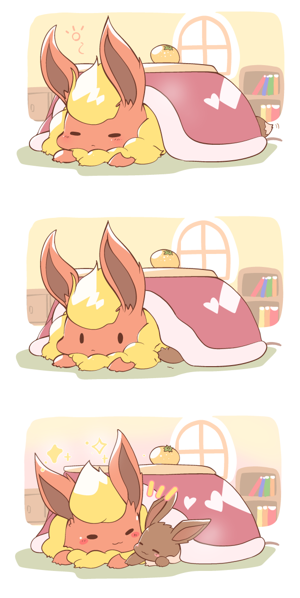 :3 azuma_minatsu berry black_eyes blank_eyes blush blush_stickers book bookshelf closed_mouth commentary_request eevee flareon food fruit gen_1_pokemon happy heart kotatsu lying multiple_views no_humans on_stomach pokemon pokemon_(creature) smile sparkle table window