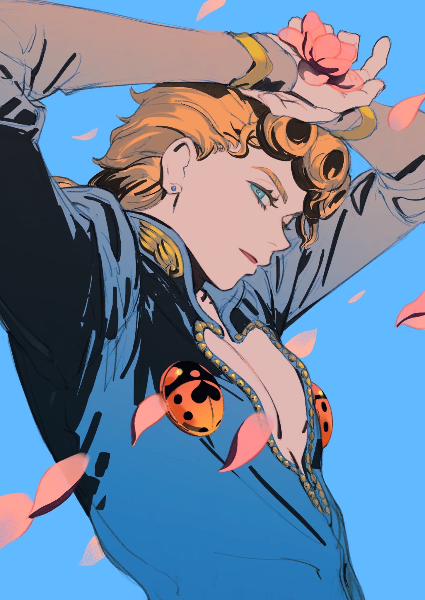 1boy arms_up artist_request blonde_hair blue_background blue_eyes braid bug cleavage_cutout earrings giorno_giovanna highres insect jewelry jojo_no_kimyou_na_bouken ladybug looking_at_viewer male_focus open_mouth petals simple_background solo vento_aureo