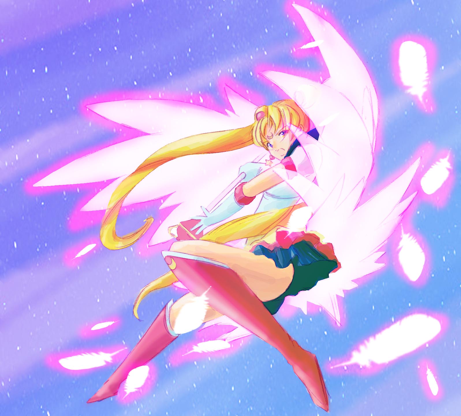 1girl bishoujo_senshi_sailor_moon blonde_hair blue_eyes blue_sailor_collar blue_skirt boots earrings ebi_(sawakura) elbow_gloves eternal_sailor_moon facial_mark floating_hair full_body gloves highres holding holding_staff jewelry knee_boots long_hair miniskirt open_mouth pink_feathers pink_wings pleated_skirt red_footwear sailor_collar sailor_moon sailor_senshi_uniform shirt short_sleeves skirt sky solo staff star_(sky) starry_sky tsukino_usagi twintails very_long_hair white_gloves white_shirt wings