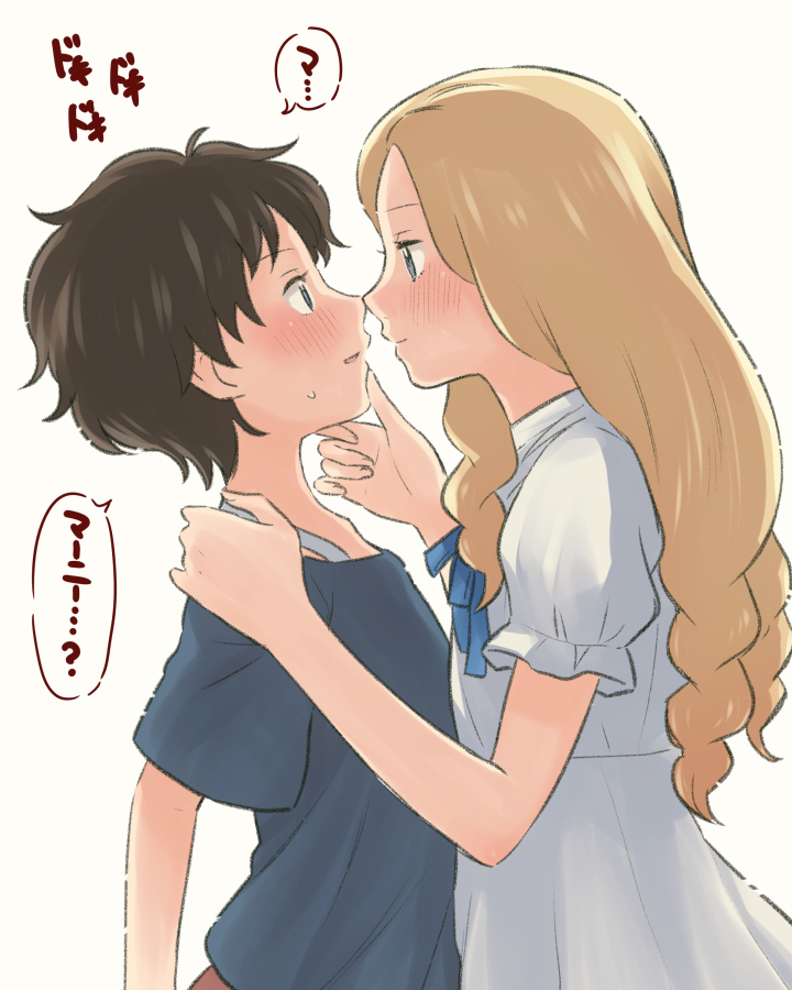 2girls anna_(omoide_no_marnie) blonde_hair blue_eyes blue_shirt blush brown_hair commentary dress eye_contact face-to-face hand_on_another's_chin hand_on_another's_shoulder imminent_kiss long_hair looking_at_another marnie meis_(terameisu) multiple_girls noses_touching omoide_no_marnie puffy_short_sleeves puffy_sleeves shirt short_hair short_sleeves simple_background translated white_background white_dress yuri