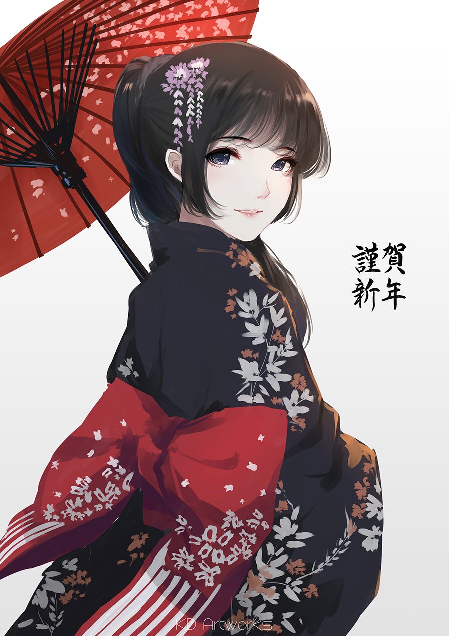 1girl artist_name bangs black_hair black_kimono caidychen commentary cowboy_shot floral_print flower grin hair_flower hair_ornament happy_new_year highres holding holding_umbrella japanese_clothes kimono lips long_hair looking_at_viewer looking_back new_year obi oriental_umbrella original petals ponytail red_sash red_umbrella sash shiny shiny_hair sidelocks simple_background smile solo translated umbrella violet_eyes white_background wide_sleeves