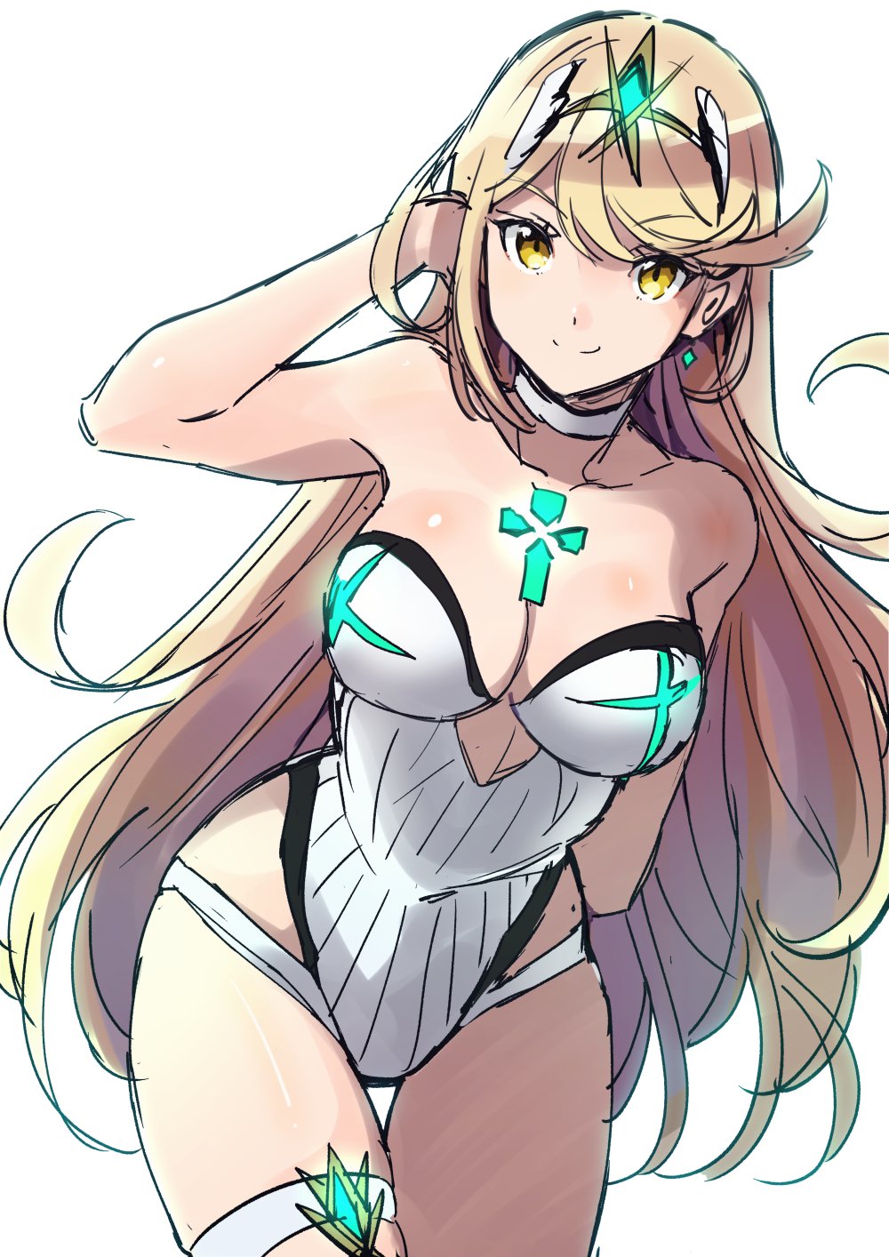 1girl bangs bare_shoulders blonde_hair blush breasts casual_one-piece_swimsuit commentary_request earrings hair_ornament headpiece highres mythra_(xenoblade) jewelry large_breasts long_hair looking_at_viewer one-piece_swimsuit pose shimo_(s_kaminaka) shiny shiny_hair smile solo swept_bangs swimsuit thick_thighs thigh_gap thighs tiara under_boob underboob_cutout very_long_hair white_swimsuit wide_hips xenoblade_(series) xenoblade_2 yellow_eyes
