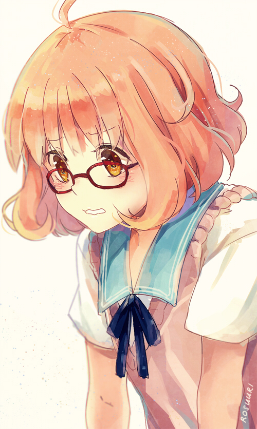 1girl ahoge artist_name bangs blue_neckwear blue_sailor_collar blush brown_hair commentary eyebrows_visible_through_hair glasses kuriyama_mirai kyoukai_no_kanata looking_down neck_ribbon orange_eyes red-framed_eyewear ribbon rosuuri sailor_collar sanpaku shirt short_hair short_sleeves simple_background solo sweater_vest tareme teeth upper_body wavy_mouth white_background white_shirt