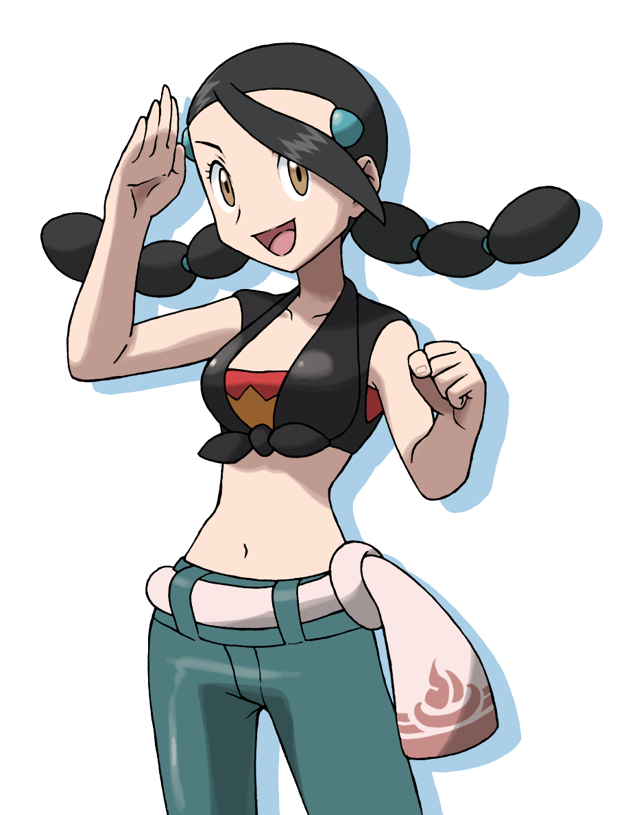 1girl alternate_costume asuna_(pokemon) asuna_(pokemon)_(cosplay) belt black_hair black_shirt blue_pants breasts clenched_hand collarbone cosplay cowboy_shot creatures_(company) crop_top drop_shadow game_freak gym_leader hair_tie hands_up happy long_hair looking_at_viewer medium_breasts midriff multi-tied_hair navel nintendo olm_digital open_mouth pants pokemon pokemon_(game) pokemon_dppt pokemon_oras shiny shiny_hair shirt short_sleeves simple_background smile solo standing sugimori_ken_(style) suzuna_(pokemon) teru_zeta tied_hair twintails white_background yellow_eyes