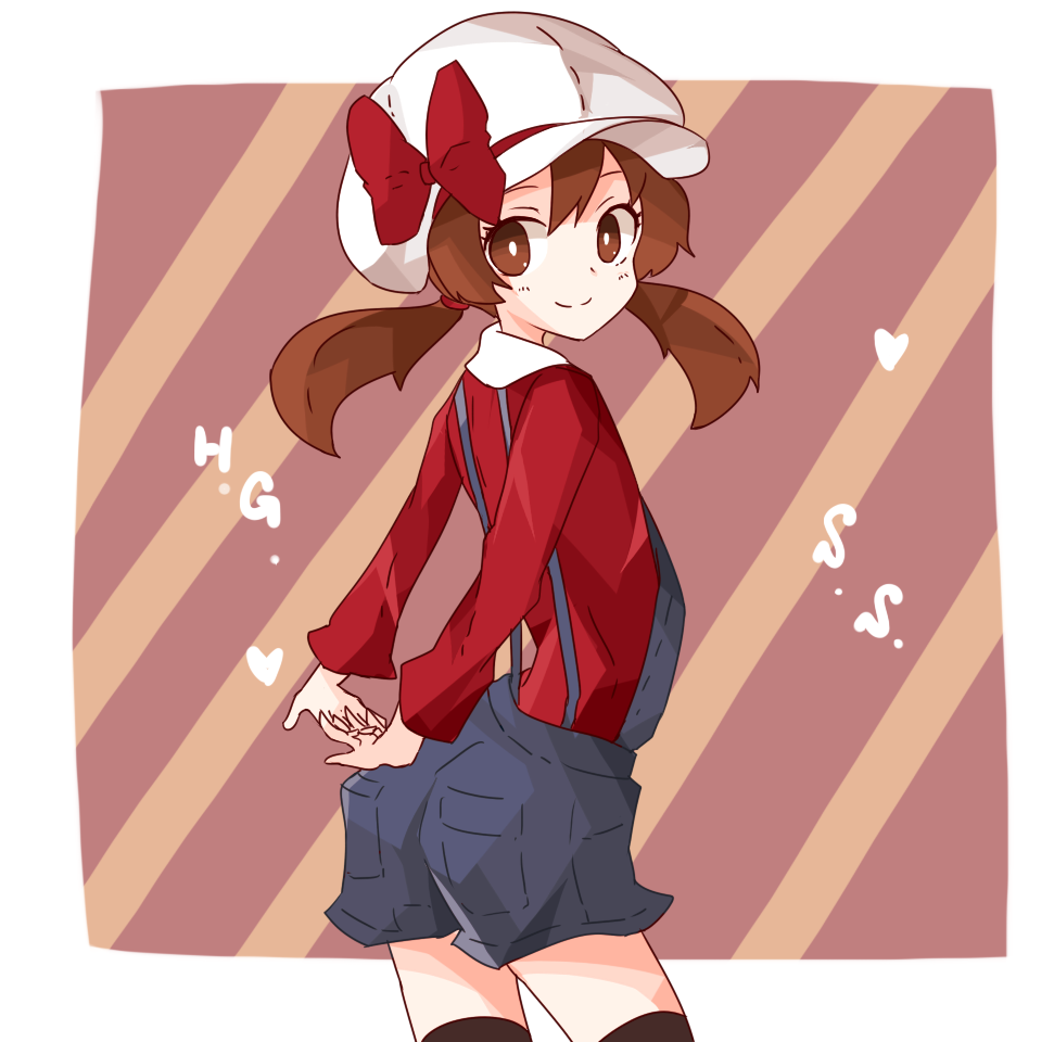1girl arms_behind_back bad_id bad_pixiv_id bow brown_eyes brown_hair cabbie_hat from_behind hands_clasped hat hat_ribbon kotone_(pokemon) kuromari_(runia) light_smile long_hair looking_at_viewer looking_back overalls own_hands_together pokemon pokemon_(game) pokemon_hgss red_ribbon ribbon smile solo striped striped_background thigh-highs twintails