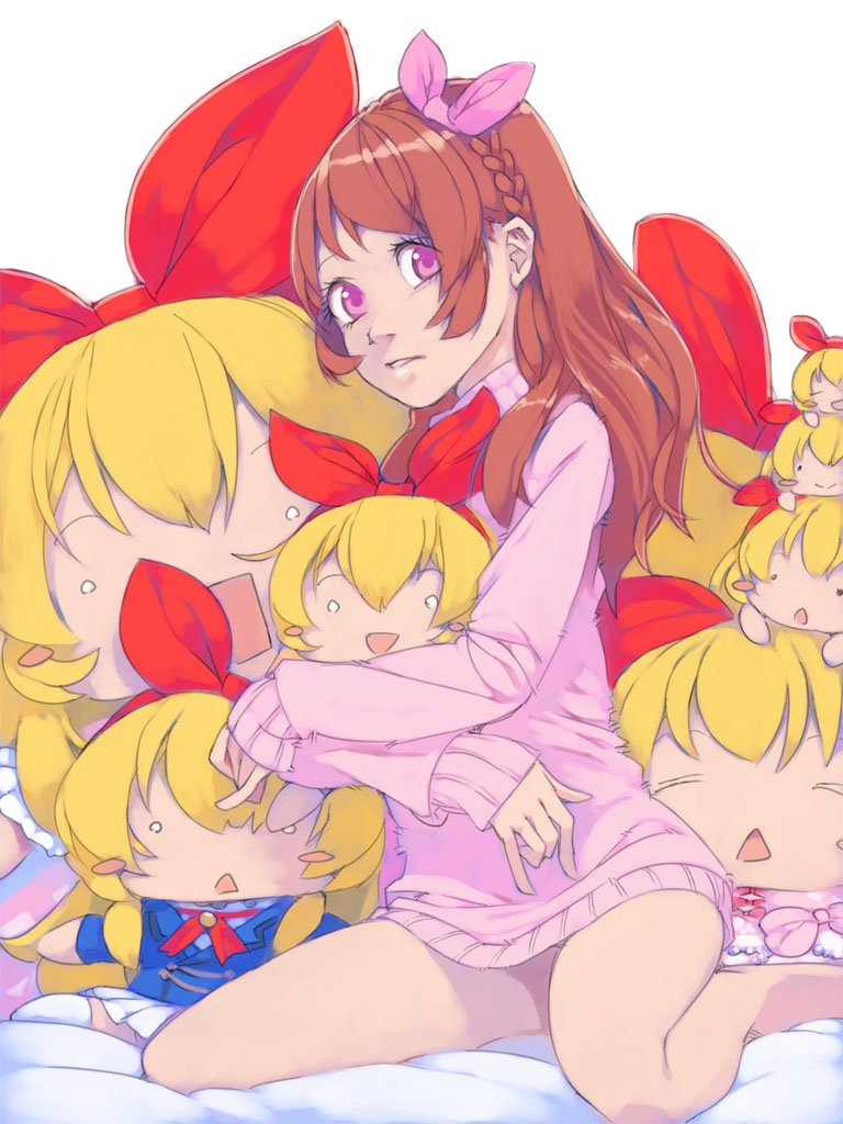 1girl aikatsu! aikatsu!_(series) akinbo_(hyouka_fuyou) bed_sheet bow braid brown_hair character_doll crossed_arms crown_braid hair_bow hoshimiya_ichigo long_hair long_sleeves looking_at_viewer naked_sweater oozora_akari parted_lips pink_bow pink_eyes pink_sweater red_bow shiny shiny_hair sitting solo sweater wariza