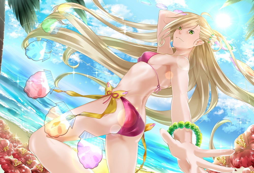 1girl arm_up beach bikini blonde_hair blue_sky bow bracelet breasts clouds day eyes_visible_through_hair floating_hair flower green_eyes green_nails hibiscus jewelry kurose_nao leg_up lens_flare long_hair looking_at_viewer magilou_(tales) nail_polish ocean outdoors outstretched_arm red_bikini red_flower red_ribbon ribbon side-tie_bikini sideboob sky small_breasts smile solo sparkle standing standing_on_one_leg sun sunlight swimsuit tales_of_(series) tales_of_berseria very_long_hair yellow_bow