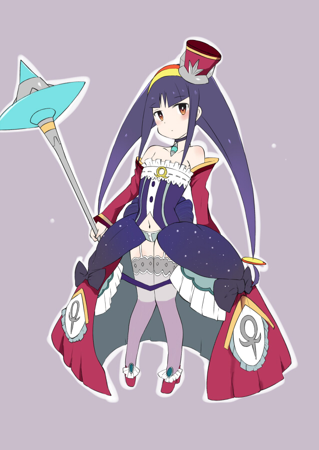 1girl alternate_costume bangs bare_shoulders blunt_bangs blush brown_eyes choker detached_sleeves eyebrows_visible_through_hair full_body grey_background hair_ornament hairband holding holding_staff knees_together_feet_apart long_hair low-tied_long_hair magical_girl miyata_(lhr) navel purple_hair queen_tia rockman ryuusei_no_rockman ryuusei_no_rockman_3 simple_background solo staff standing