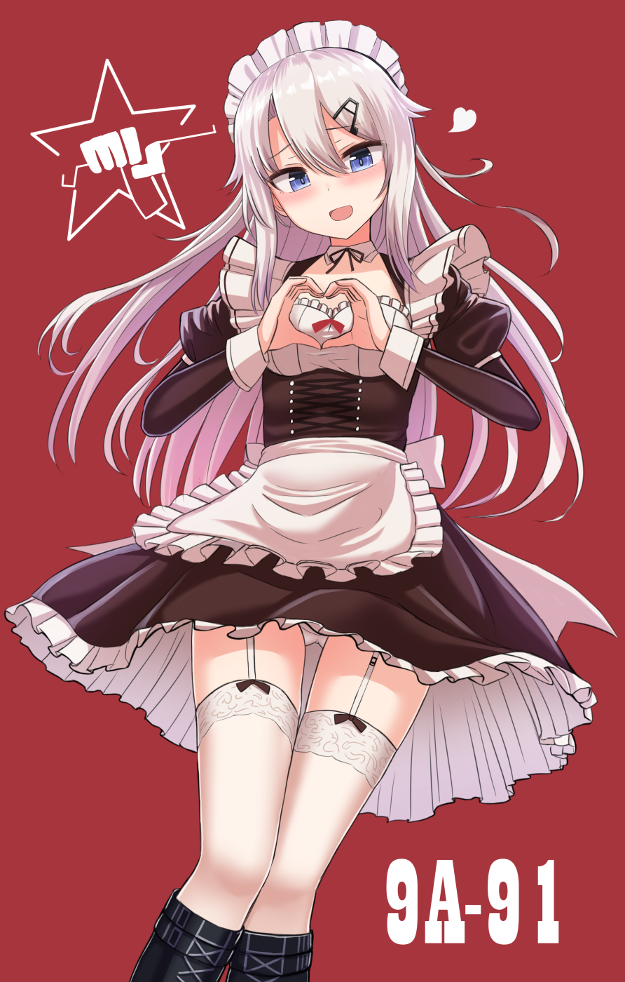 1girl 9a-91_(girls_frontline) apron bangs black_footwear black_ribbon blue_eyes blush boots breasts character_name commentary_request dress eyebrows_visible_through_hair frilled garter_straps girls_frontline hair_between_eyes hair_ornament heart heart_hands highres long_hair long_sleeves looking_at_viewer maid maid_apron maid_headdress medium_breasts neck_ribbon open_mouth rabochicken ribbon sidelocks silver_hair sleeve_cuffs solo star thigh-highs very_long_hair white_legwear