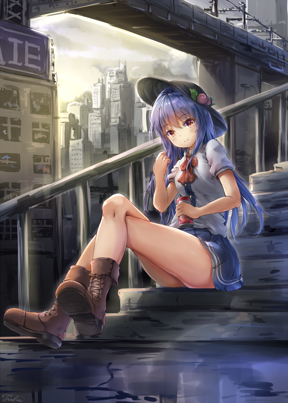 1girl black_headwear blue_hair blue_skirt boots bow bowtie brown_eyes brown_footwear building cityscape commentary_request crossed_legs fii_fii_(feefeeowo) food fruit hat highres hinanawi_tenshi legs long_hair looking_at_viewer miniskirt peach railroad_tracks red_neckwear sitting skirt solo stairs touhou