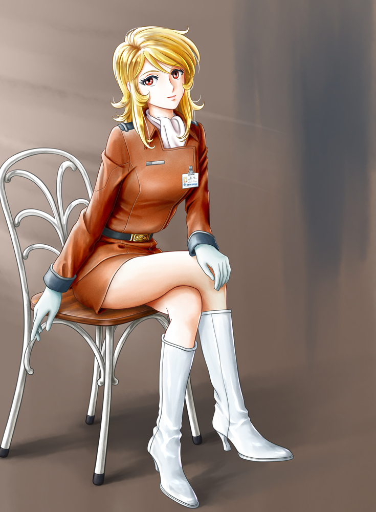 1girl bangs belt blonde_hair boots brown_jacket brown_skirt crossed_legs full_body gloves high_heel_boots high_heels jacket knee_boots long_hair looking_at_viewer military military_jacket military_uniform miniskirt mori_yuki orange_eyes pencil_skirt shiny shiny_hair sitting skirt solo swept_bangs uchuu_senkan_yamato uniform white_footwear white_gloves yamahadx72fd