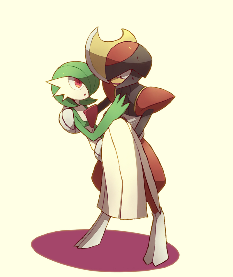 1boy 1girl beige_background bisharp black_eyes blade carrying full_body gardevoir gen_3_pokemon gen_5_pokemon green_hair green_skin hair_over_one_eye hand_on_another's_chest hand_up looking_at_another no_humans open_mouth pokemon pokemon_(creature) princess_carry red_eyes shiwo_(siwosi) short_hair simple_background standing sweat two-tone_skin white_skin