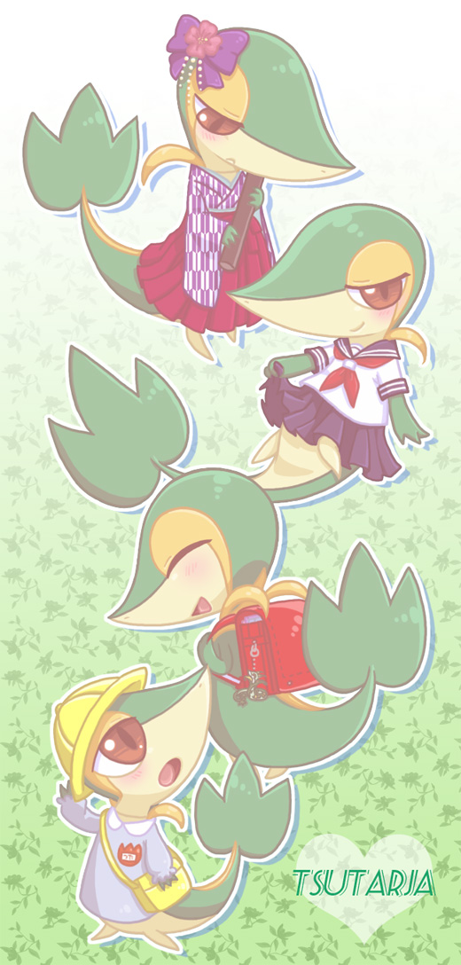 ^_^ backpack bag blue_skirt brown_eyes character_name closed_eyes closed_mouth clothed_pokemon creature dress gen_5_pokemon green_background green_theme hat heart holding isuzu9 no_humans pokemon pokemon_(creature) purple_ribbon ribbon sailor_dress skirt snivy translated yellow_headwear