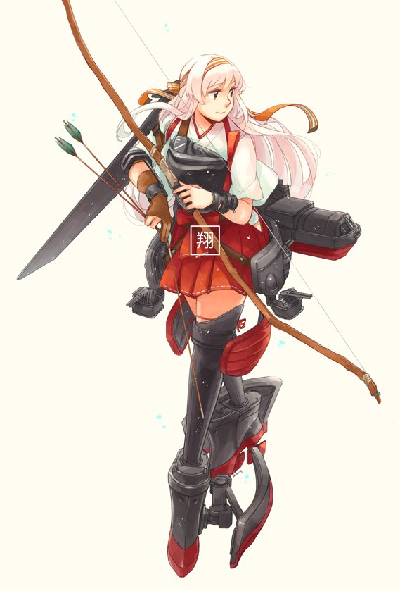 1girl armored_boots arrow boots bow_(weapon) commentary eyebrows_visible_through_hair flight_deck full_body gloves gun hakama hakama_skirt headband hip_vent holding holding_arrow holding_bow_(weapon) holding_weapon japanese_clothes kantai_collection kimono long_hair looking_to_the_side machinery muneate partly_fingerless_gloves red_hakama red_headband red_ribbon remodel_(kantai_collection) ribbon rigging rudder_footwear shoukaku_(kantai_collection) simple_background solo strap tasuki translated turret weapon weidashming white_background white_hair white_kimono yugake