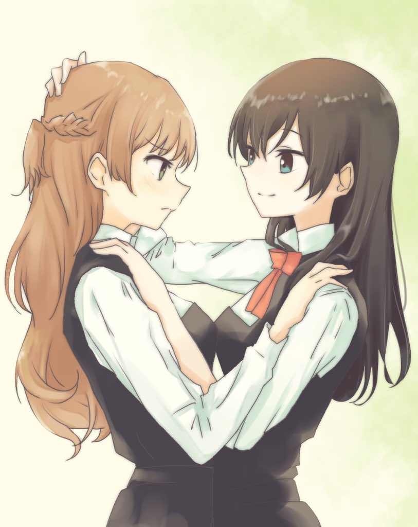 2girls black_hair blue_eyes blush bow brown_hair commentary_request green_eyes hand_on_another's_head long_hair looking_at_another multiple_girls nanami_touko saeki_sayaka school_uniform smile uniform yagate_kimi_ni_naru yano_(spirit1022) yuri