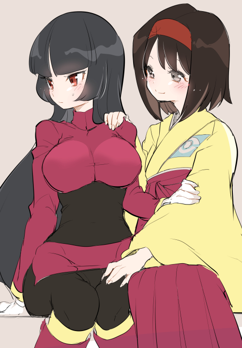 2girls bangs black_hair blunt_bangs blush bodystocking boots breasts brown_background chorimokki closed_mouth covered_navel cropped_jacket erika_(pokemon) grey_eyes gym_leader hairband hakama hand_on_another's_shoulder hand_on_another's_thigh hand_up happy jacket japanese_clothes kimono knee_boots kneehighs knees_together_feet_apart large_breasts long_hair long_sleeves looking_at_another looking_away miniskirt multiple_girls natsume_(pokemon) panties pencil_skirt poke_ball_symbol poke_ball_theme pokemon pokemon_(game) pokemon_frlg red_eyes red_footwear red_hairband red_hakama red_jacket red_skirt shiny shiny_hair short_hair side_slit simple_background sitting skirt smile sweat turtleneck underwear upskirt wide_sleeves yellow_kimono yellow_legwear yuri