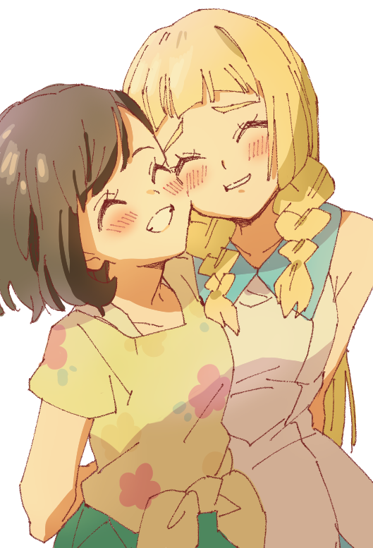 2girls ankea_(a-ramo-do) bangs bare_shoulders black_hair blonde_hair blush braid breasts cheek-to-cheek closed_eyes collarbone dress floral_print happy lillie_(pokemon) long_hair mizuki_(pokemon) multiple_girls parted_lips pokemon pokemon_(game) pokemon_sm shiny shiny_hair shirt short_hair short_sleeves simple_background sleeveless sleeveless_dress small_breasts smile standing swept_bangs teeth tied_hair tied_shirt twin_braids white_background white_dress yellow_shirt yuri