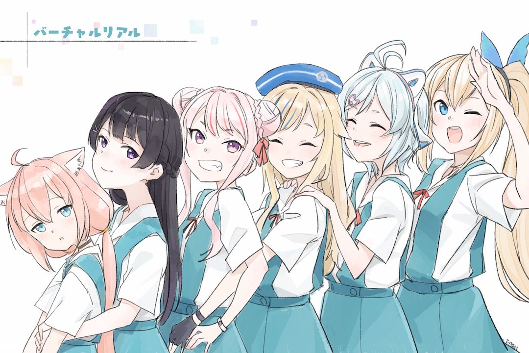 6+girls ahoge animal_ears antenna_hair bangs beret black_hair blonde_hair blue_bow blue_eyes blue_headwear blush bow braided_bun cat_ears closed_eyes closed_mouth commentary dasshu dennou_shoujo_youtuber_shiro double_bun fang grin hair_bow hair_ornament hairclip hands_on_another's_hips hands_on_another's_shoulders hat headband heart heart_hair_ornament highlights himehina_channel hinata_channel long_hair looking_at_viewer mirai_akari mirai_akari_project multicolored_hair multiple_girls nekomiya_hinata nijisanji one_eye_closed open_mouth parted_lips pink_hair red_ribbon ribbon round_teeth salute school_uniform shiro_(dennou_shoujo_youtuber_shiro) short_hair sidelocks silver_hair skirt smile suzuki_hina tanaka_hime teeth tokyo-3_middle_school_uniform_(evangelion) translated tsukino_mito violet_eyes virtual-san_wa_miteiru virtual_youtuber