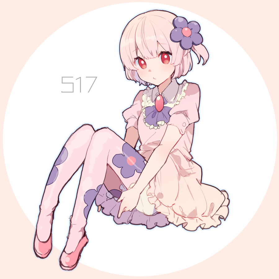 1girl ascot bangs blue_outline blush brooch child closed_mouth dress eyebrows_visible_through_hair flat_chest floral_print flower full_body gem gen_5_pokemon hair_flower hair_ornament ikeuchi_tanuma jewelry knees_up looking_at_viewer munna number outline pantyhose personification pink_dress pink_hair pink_legwear pokemon pokemon_number puffy_short_sleeves puffy_sleeves purple_flower purple_neckwear red_eyes red_footwear shiny shiny_hair shoes short_hair short_sleeves simple_background sitting solo two-tone_background white_bloomers