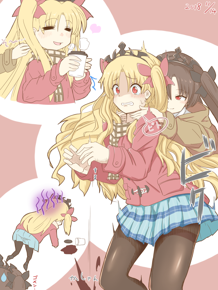 2girls bad_id bad_pixiv_id behind_another black_legwear black_ribbon blonde_hair brown_hair closed_eyes coat coffee coffee_cup commentary cup dated disposable_cup dropping duffel_coat ereshkigal_(fate/grand_order) fate/grand_order fate_(series) hair_ribbon hands_on_another's_neck holding holding_cup ishtar_(fate/grand_order) long_hair miniskirt multiple_girls open_mouth orz otaru pantyhose red_coat red_eyes red_ribbon ribbon scarf skirt tiara translated two_side_up
