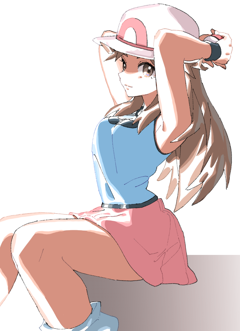 1girl ankea_(a-ramo-do) armpits arms_behind_head arms_up blue_(pokemon) blue_legwear blue_shirt breasts brown_eyes brown_hair closed_mouth from_side hat holding holding_poke_ball long_hair miniskirt poke_ball poke_ball_(generic) pokemon pokemon_(game) pokemon_frlg red_skirt shirt simple_background sitting skirt sleeveless sleeveless_shirt small_breasts smile socks solo white_background white_headwear wristband