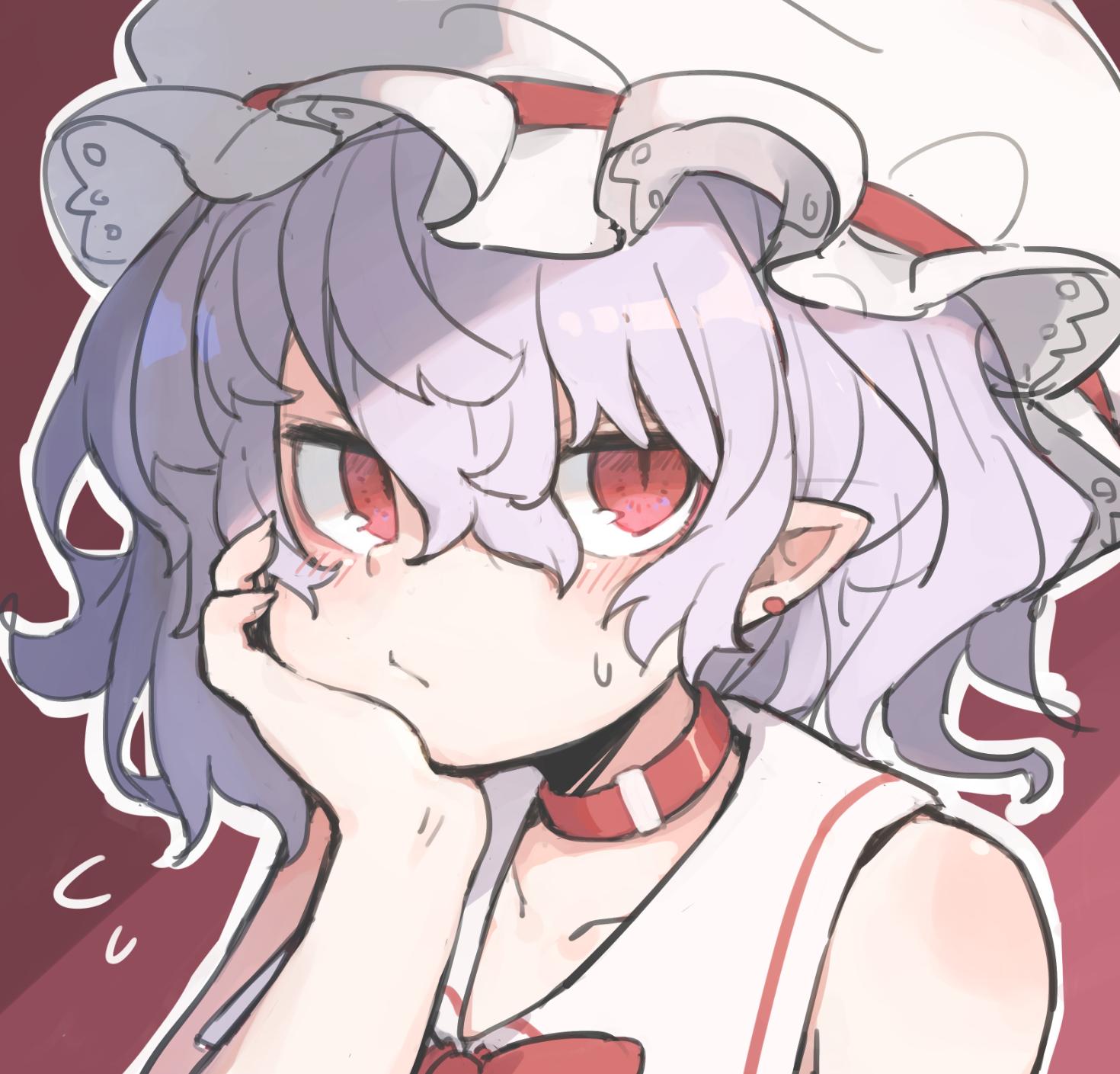 1girl bangs bare_shoulders blush chin_rest choker collarbone commentary_request ear_piercing flying_sweatdrops hair_between_eyes hand_up hat highres lavender_hair looking_at_viewer mob_cap outline piercing pointy_ears portrait red_background red_choker red_eyes remilia_scarlet short_hair slit_pupils solo sweat touhou white_headwear white_outline zizi_niisan