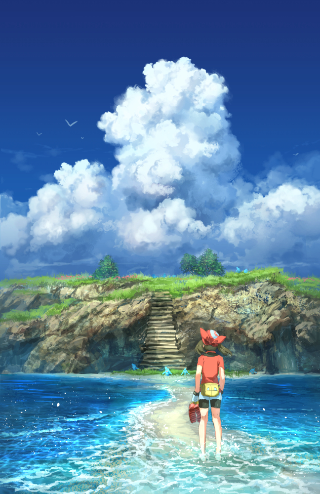 1girl bag bandana barefoot bike_shorts bird blue_sky brown_hair clouds day fanny_pack fingerless_gloves flower from_behind gloves grass haruka_(pokemon) holding kneepits mirage_island ocean outdoors pippi_(pixiv_1922055) poke_ball_theme pokemon pokemon_(creature) pokemon_(game) pokemon_rse red_bandana red_flower red_footwear red_shirt sand scenery shirt shoes shoes_removed short_sleeves sky solo_focus standing tree wading water white_gloves wynaut