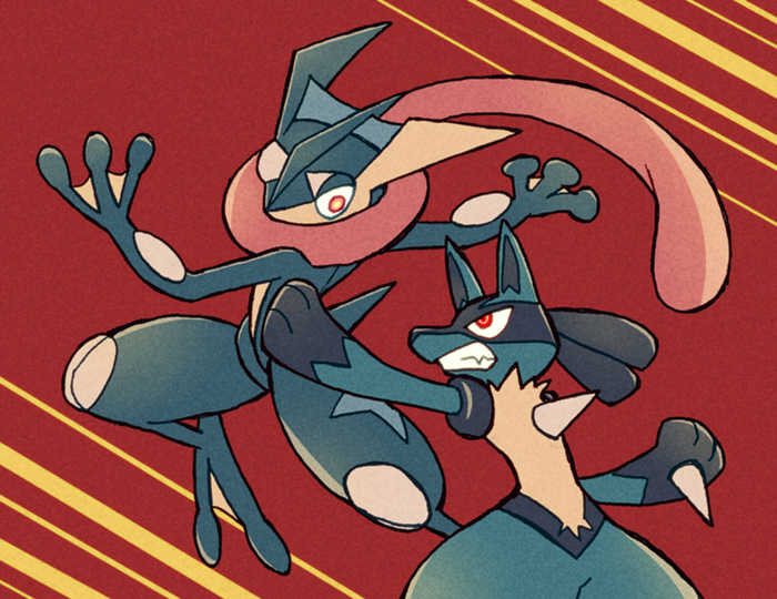 animal_ears arm_up arms_up battle clenched_teeth cowboy_shot duel eye_contact furry gen_4_pokemon gen_6_pokemon greninja hand_up jumping long_tongue looking_at_another looking_up lucario no_humans outstretched_arm pokemon pokemon_(creature) red_background red_eyes shiwo_(siwosi) simple_background standing tail teeth tongue tongue_out two-tone_background wolf_ears