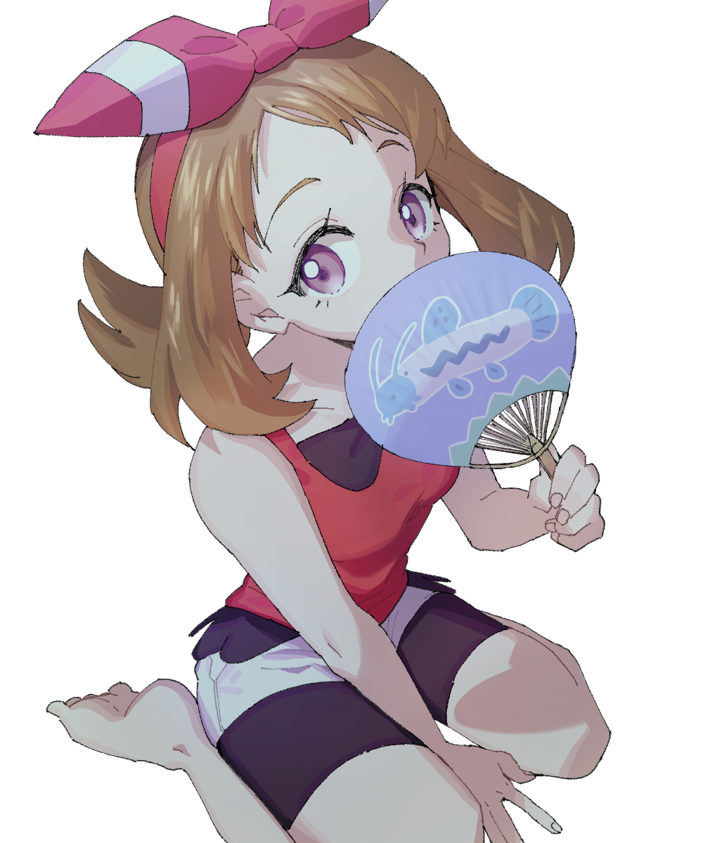 1girl ankea_(a-ramo-do) barboach bare_shoulders barefoot bike_shorts brown_hair collarbone covering_mouth fan gen_3_pokemon hairband hand_up haruka_(pokemon) highres holding looking_at_viewer paper_fan pokemon pokemon_(game) pokemon_oras red_hairband red_shirt shiny shiny_hair shirt short_shorts shorts simple_background sitting sleeveless sleeveless_shirt solo violet_eyes wariza white_background white_shorts