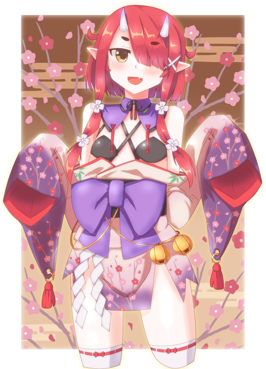 1girl :d bangs bare_shoulders bell blush bow commentary_request cropped_legs egasumi eyebrows_visible_through_hair fang floral_background floral_print flower fuyuki8208 hair_flower hair_ornament hair_over_one_eye hands_up highres hoozuki_warabe horns japanese_clothes jingle_bell kimono long_hair long_sleeves looking_at_viewer noripro obi off_shoulder open_mouth pointy_ears print_kimono purple_bow redhead ribbon-trimmed_legwear ribbon_trim sash short_eyebrows sidelocks sleeves_past_fingers sleeves_past_wrists smile solo thick_eyebrows thigh-highs virtual_youtuber white_flower white_kimono white_legwear