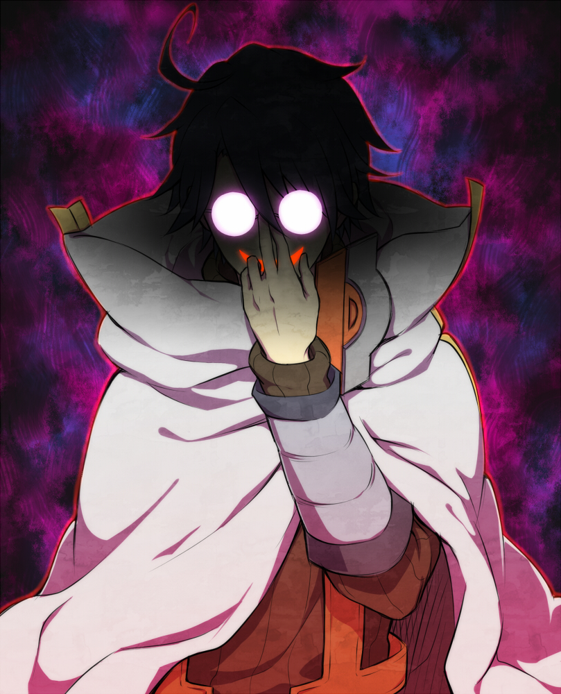 1boy adjusting_eyewear black_hair brown_sweater cape glasses hatimitu0002 log_horizon long_sleeves open_mouth round_eyewear shiroe smile solo standing sweater upper_body white_cape