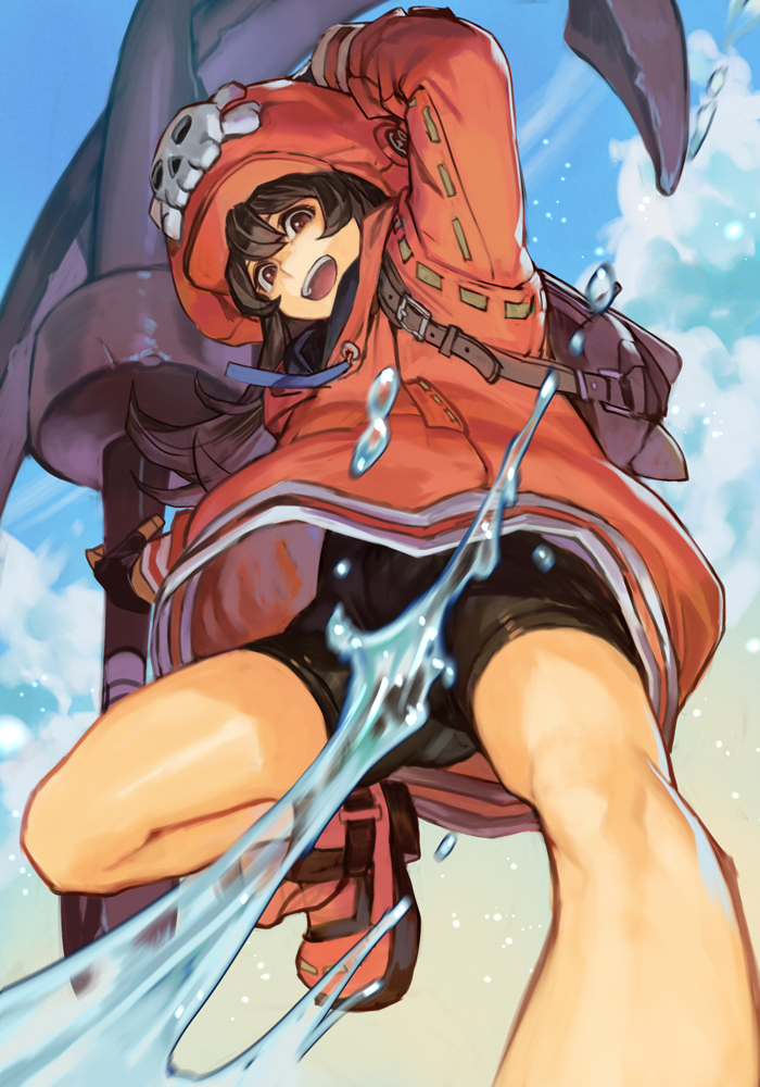 1girl anchor backpack bag bare_legs bike_shorts black_shorts blue_sky brown_eyes brown_hair clouds cloudy_sky from_below guilty_gear guilty_gear_strive hankuri hat holding holding_weapon jacket may_(guilty_gear) open_mouth orange_headwear orange_jacket pirate pirate_hat shorts simple_background skull_and_crossbones sky smile solo splashing water weapon