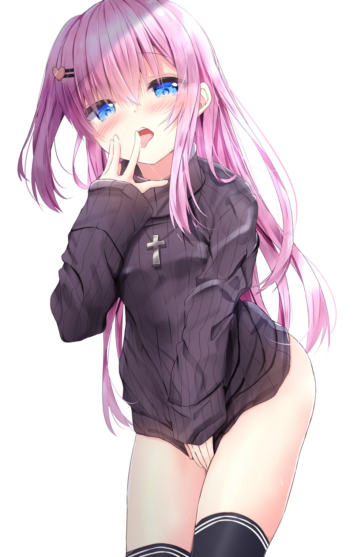 1girl bangs black_legwear blue_eyes blush breasts brown_sweater commentary_request covering covering_crotch cross cross_necklace eyebrows_visible_through_hair finger_licking hair_between_eyes hair_ornament hairclip heart highres jewelry kouda_suzu latin_cross leaning_forward licking long_hair long_sleeves looking_at_viewer necklace original pink_hair ribbed_sweater saliva simple_background sleeves_past_wrists small_breasts solo sweater thigh-highs tongue tongue_out turtleneck turtleneck_sweater very_long_hair white_background