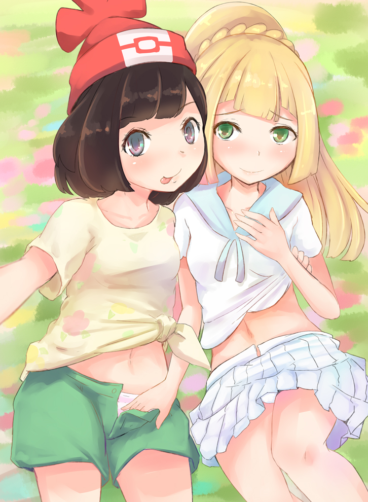 2girls :p assisted_exposure beanie black_hair blonde_hair blush breasts closed_mouth collarbone commentary_request eyebrows_visible_through_hair fingernails floral_print green_eyes green_shorts hand_on_own_chest hat lillie_(pokemon) long_hair mizuki_(pokemon) multiple_girls navel open_clothes open_skirt panties pokemon pokemon_(game) pokemon_sm ponytail print_shirt pulled_by_another red_headwear shirt shirt_lift short_hair short_sleeves shorts skirt skirt_lift small_breasts smile tied_shirt tongue tongue_out underwear white_panties white_shirt white_skirt yellow_shirt yuno_(mioalice) yuri