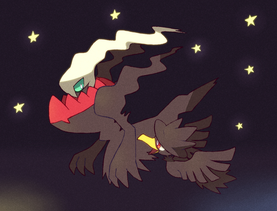 blue_sclera clouds colorized darkrai eye_contact floating flying full_body gen_2_pokemon gen_4_pokemon looking_at_another murkrow night night_sky no_humans open_mouth outdoors pokemon pokemon_(creature) red_eyes shiwo_(siwosi) sky star star_(sky) starry_sky textless white_eyes