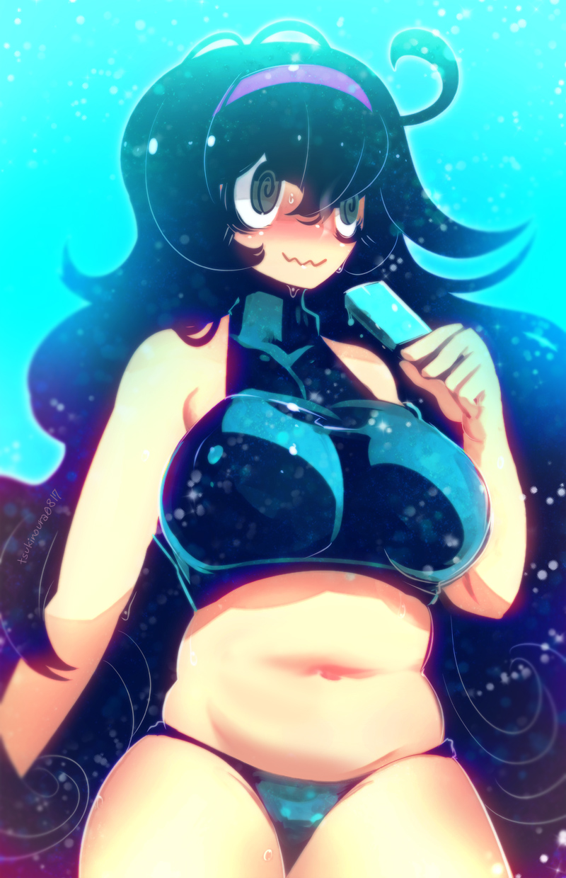 1girl ahoge al_bhed_eyes bangs bare_arms bare_shoulders black_hair black_panties breasts closed_mouth fat_folds food grey_eyes hair_between_eyes hairband hakkasame hand_up hex_maniac_(pokemon) highres holding holding_food large_breasts long_hair messy_hair navel npc_trainer panties plump pokemon pokemon_(game) pokemon_xy popsicle purple_hairband smile solo stomach thighs underwear very_long_hair