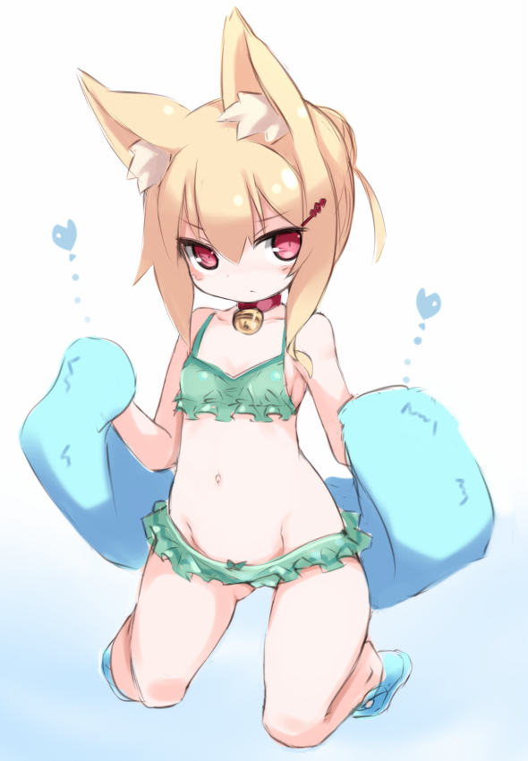 1girl animal_ear_fluff animal_ears bangs bare_shoulders bell bell_choker bikini blonde_hair blue_footwear blush borrowed_character breasts choker closed_mouth collarbone eyebrows_visible_through_hair fox_ears full_body green_bikini groin hair_between_eyes hair_bun hair_ornament hairclip heart holding holding_towel jingle_bell karukan_(monjya) kemomimi-chan_(naga_u) kneeling long_hair looking_at_viewer navel original red_choker red_eyes sandals sidelocks small_breasts solo swimsuit towel v-shaped_eyebrows