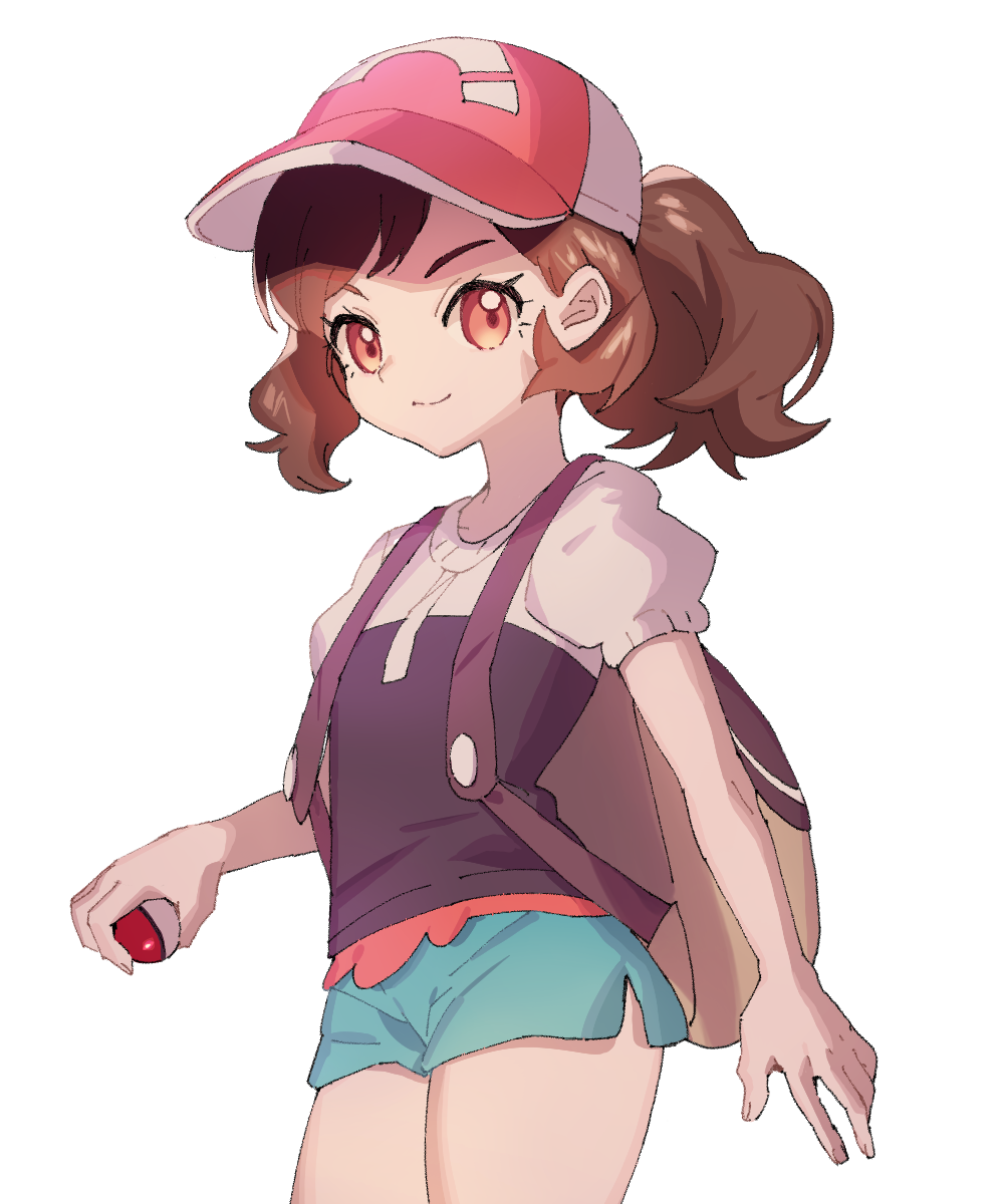 1girl ankea_(a-ramo-do) ayumi_(pokemon) backpack bag bangs baseball_cap black_shirt brown_hair child closed_mouth cowboy_shot flat_chest green_shorts hand_up happy hat highres holding holding_poke_ball looking_at_viewer orange_eyes poke_ball poke_ball_(generic) poke_ball_theme pokemon pokemon_(game) pokemon_lgpe ponytail puffy_short_sleeves puffy_sleeves red_headwear shirt short_shorts short_sleeves shorts simple_background smile solo standing swept_bangs tied_hair white_background