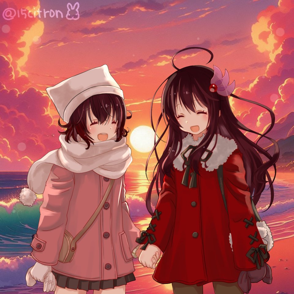 15citron 2girls ahoge beach black_pantyhose black_skirt blush brown_hair buttons closed_eyes clouds cloudy_sky coat cowboy_shot hair_between_eyes hair_ornament hat kantai_collection kisaragi_(kancolle) long_hair long_sleeves multiple_girls mutsuki_(kancolle) ocean open_mouth outdoors pantyhose pink_coat pleated_skirt pom_pom_(clothes) red_coat scarf skirt sky smile sun twitter_username white_headwear white_scarf