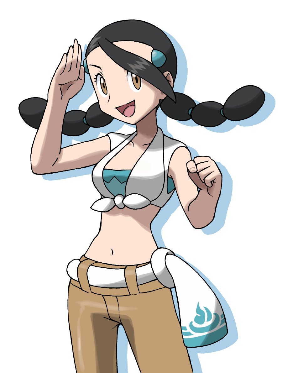 1girl alternate_color alternate_costume asuna_(pokemon) asuna_(pokemon)_(cosplay) belt black_hair breasts brown_eyes brown_pants clenched_hand collarbone commentary_request cosplay cowboy_shot crop_top drop_shadow gym_leader hair_tie hands_up happy jpeg_artifacts long_hair looking_at_viewer medium_breasts midriff multi-tied_hair navel open_mouth pants pokemon pokemon_(game) pokemon_dppt pokemon_oras shiny shiny_hair shirt short_sleeves simple_background smile solo standing suzuna_(pokemon) teru_zeta tied_hair twintails white_background white_shirt yellow_eyes