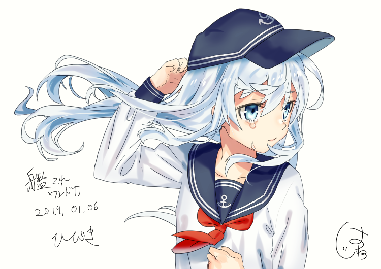 1girl adjusting_clothes adjusting_hat anchor_symbol blue_eyes blue_sailor_collar closed_mouth collarbone commentary_request crying crying_with_eyes_open dated eyebrows_visible_through_hair fingernails flat_cap hair_between_eyes hand_on_own_chest hat hatu_xxgoukan hibiki_(kantai_collection) kantai_collection long_hair long_sleeves looking_to_the_side neckerchief red_neckwear sailor_collar school_uniform serafuku signature silver_hair simple_background solo tears translated upper_body white_background white_hair white_serafuku